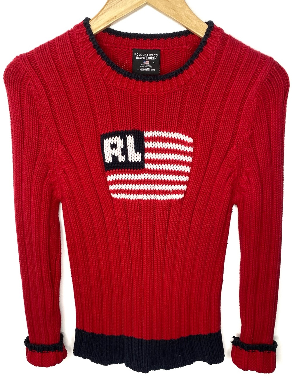 Vintage Polo Jeans Co Polo Ralph Lauren Knit American Flag Sweater Size Large